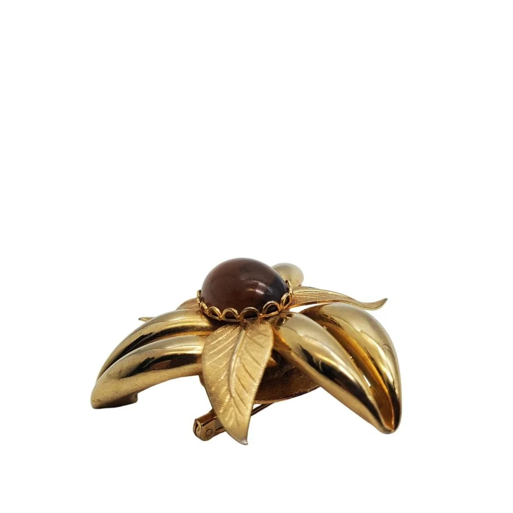 Brown Topaz Glass Brooch Domed Flower Pin Gold Tone Curved MCM Vintage 1960s